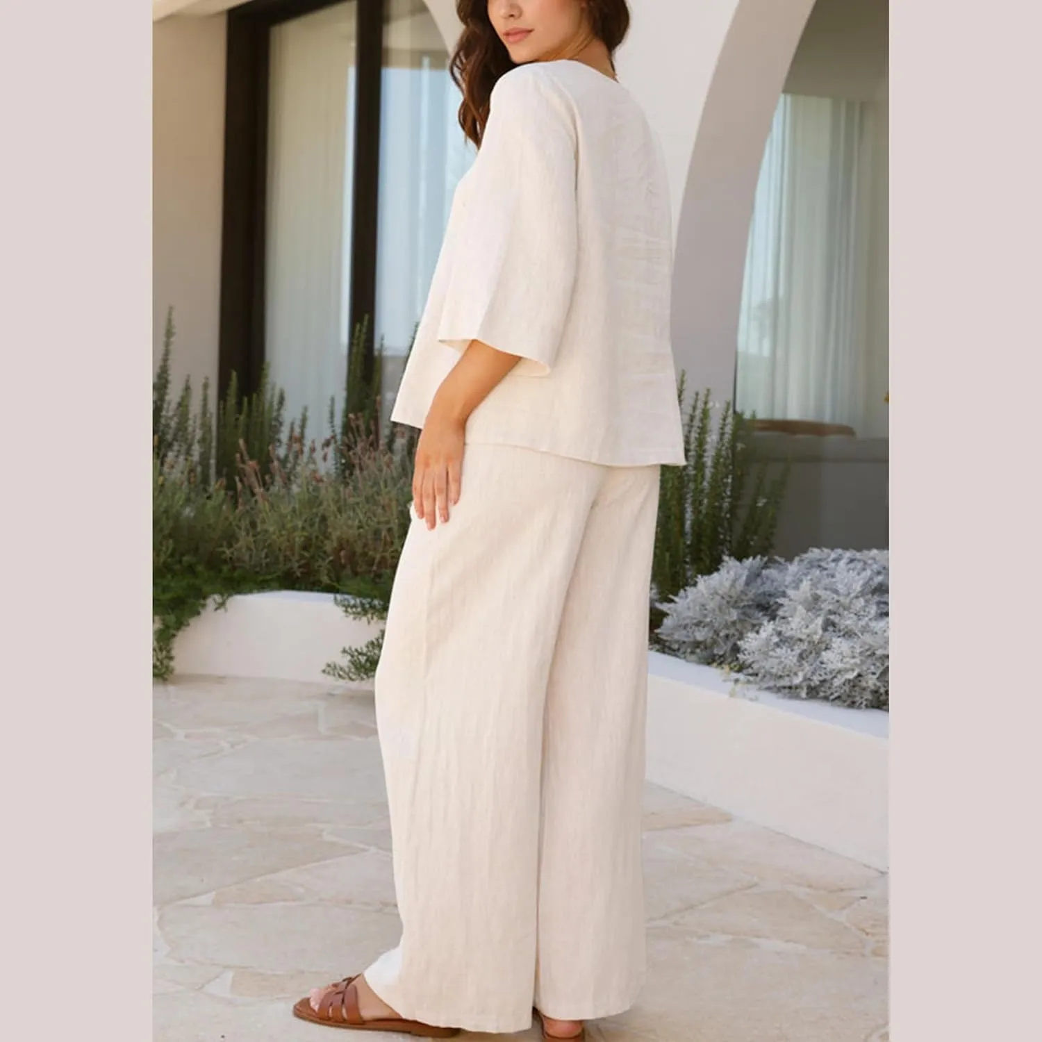Hixiaohe Womens 2 Piece Outfits Casual 3/4 Sleeve V Neck Tops Wide Leg Pants Linen Lounge Sets Tracksuits Travel Outfits