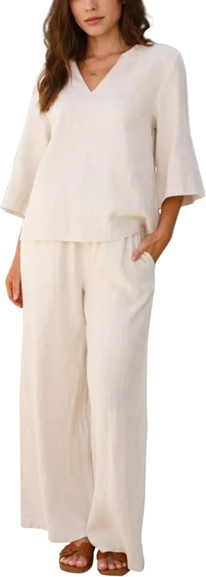 Hixiaohe Womens 2 Piece Outfits Casual 3/4 Sleeve V Neck Tops Wide Leg Pants Linen Lounge Sets Tracksuits Travel Outfits