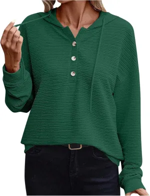 Hoodies for Women Drawstring Button Down V Neck Long Sleeve Casual Pullover Sweatshirt Hooded Spring Fall Tops 2024