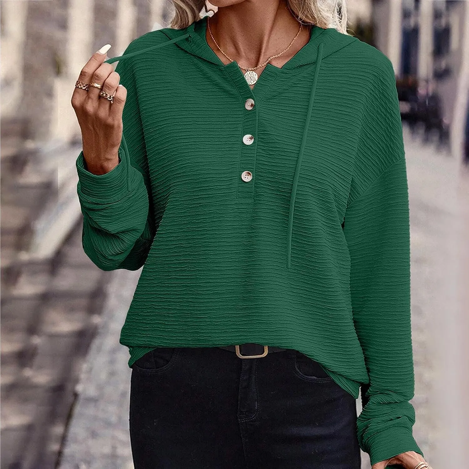 Hoodies for Women Drawstring Button Down V Neck Long Sleeve Casual Pullover Sweatshirt Hooded Spring Fall Tops 2024
