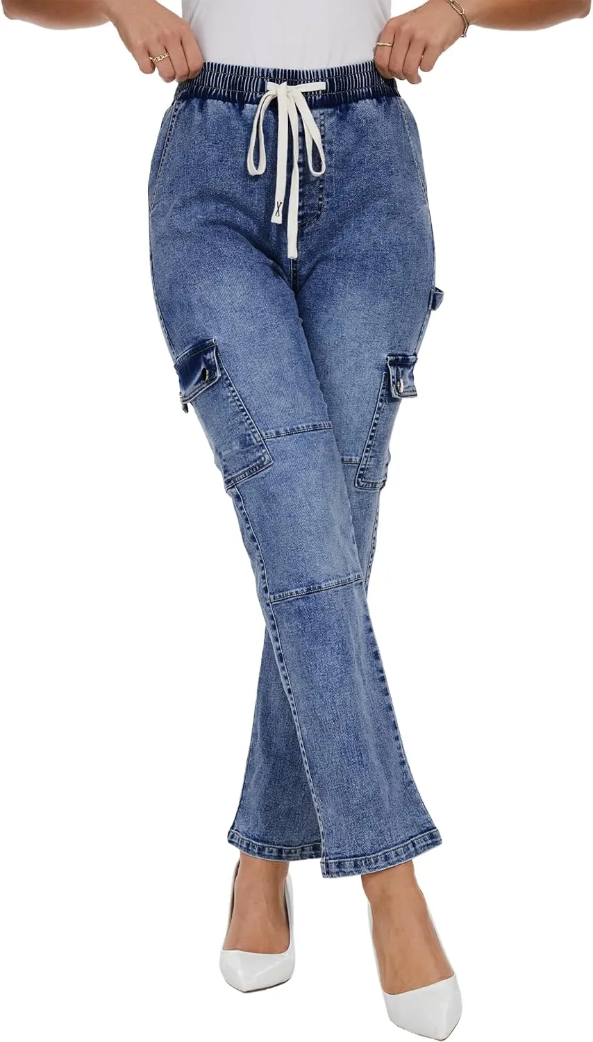HVEPUO Womens Pants Casual Straight Leg Cargo Pants High Waisted Jeans for Women with Pockets
