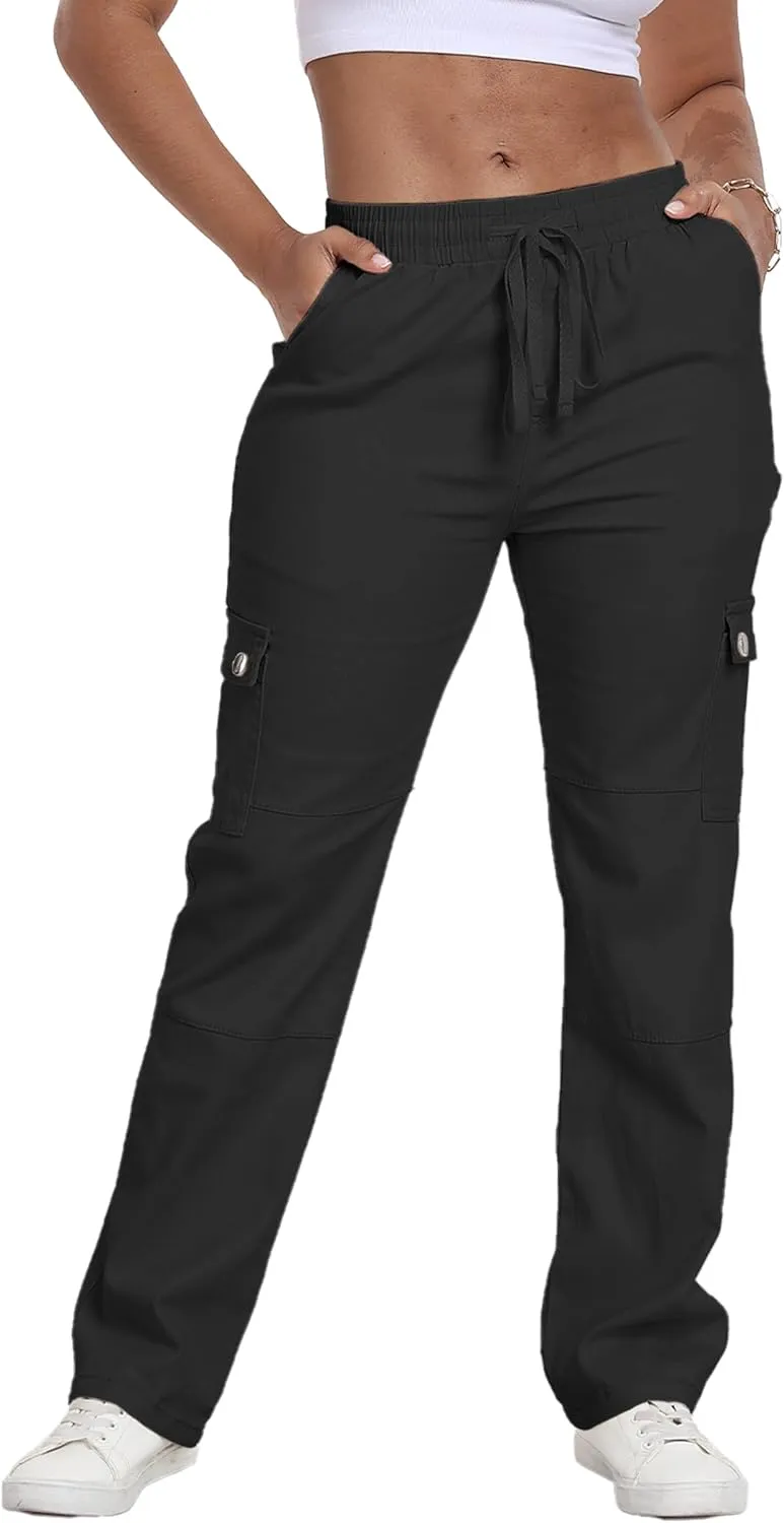 HVEPUO Womens Pants Casual Straight Leg Cargo Pants High Waisted Jeans for Women with Pockets