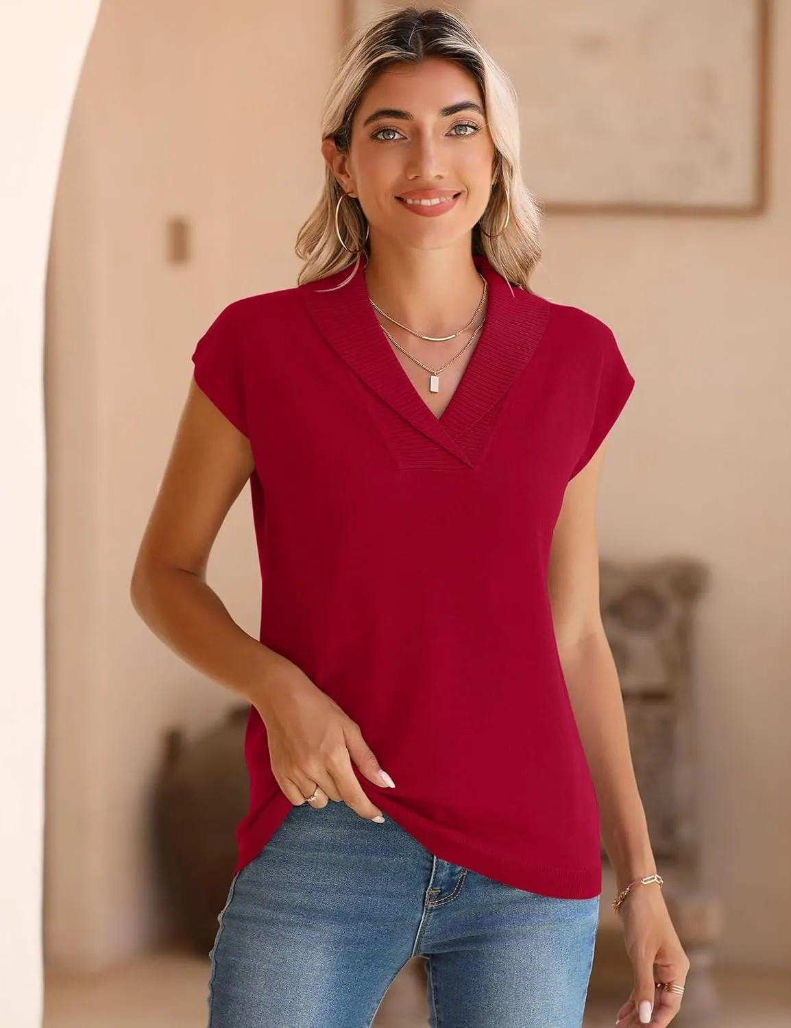 Ivicoer Sweater Vest Women V-Neck Knitted Pullover Short Cap Sleeve Collared Tops Dressy Casual 2025 Summer Fashion Trendy