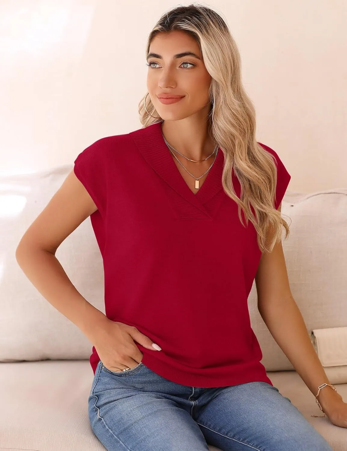 Ivicoer Sweater Vest Women V-Neck Knitted Pullover Short Cap Sleeve Collared Tops Dressy Casual 2025 Summer Fashion Trendy