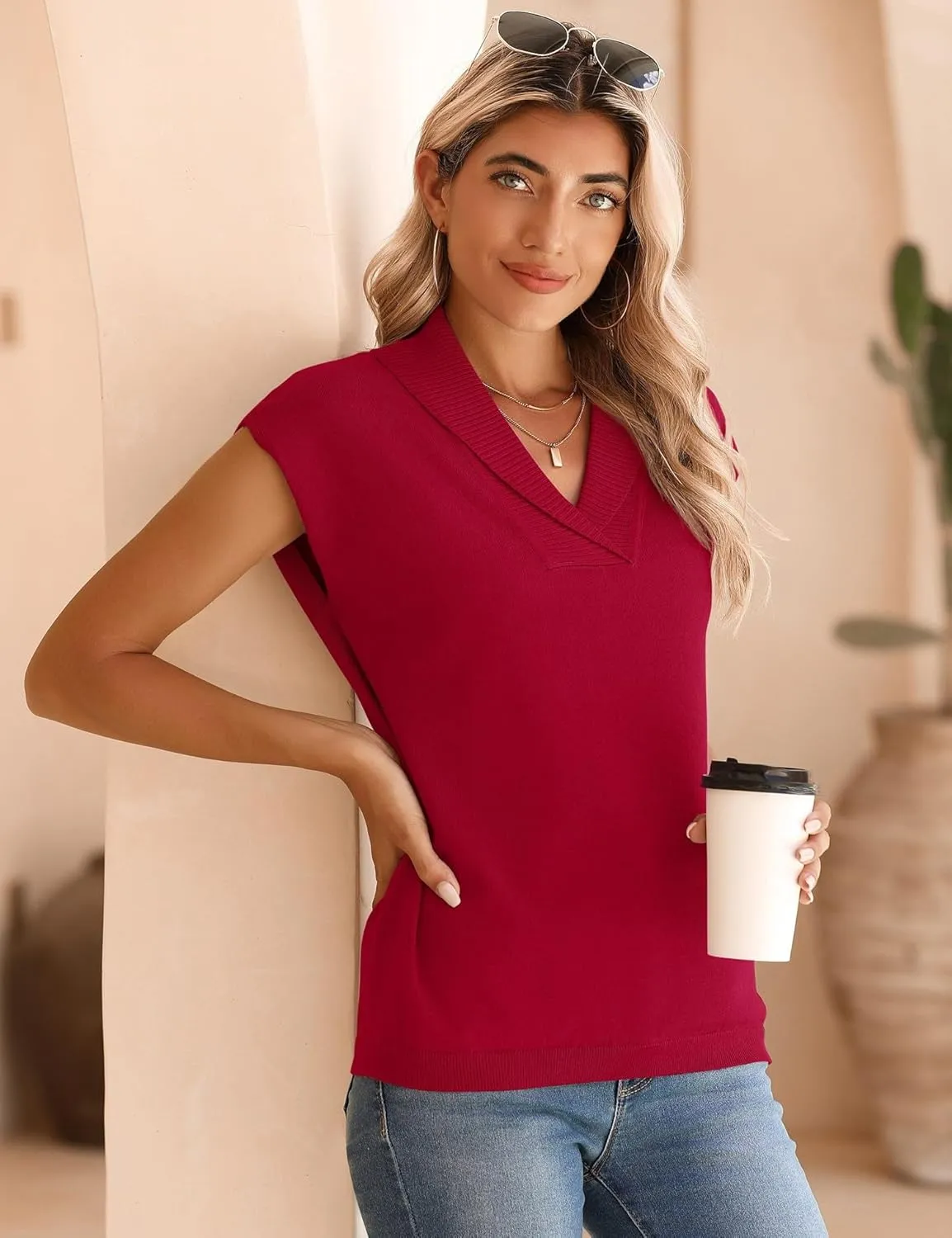 Ivicoer Sweater Vest Women V-Neck Knitted Pullover Short Cap Sleeve Collared Tops Dressy Casual 2025 Summer Fashion Trendy
