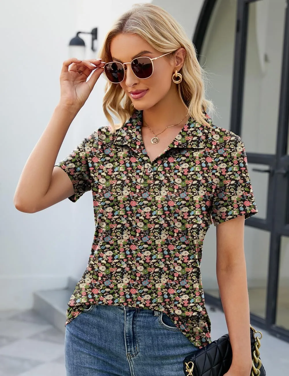 Ivicoer Womens V Neck Short Sleeve Polo Shirts Button Down Collared Tops Work Tunic Blouses Business Casual