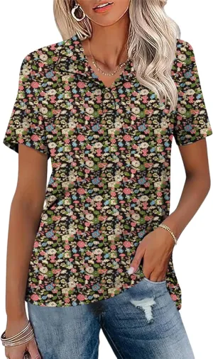 Ivicoer Womens V Neck Short Sleeve Polo Shirts Button Down Collared Tops Work Tunic Blouses Business Casual