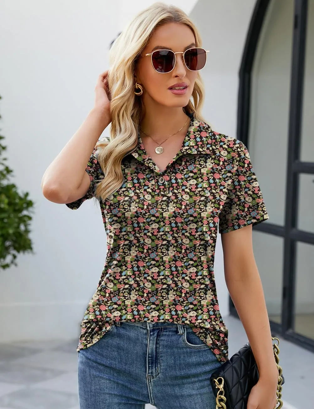 Ivicoer Womens V Neck Short Sleeve Polo Shirts Button Down Collared Tops Work Tunic Blouses Business Casual