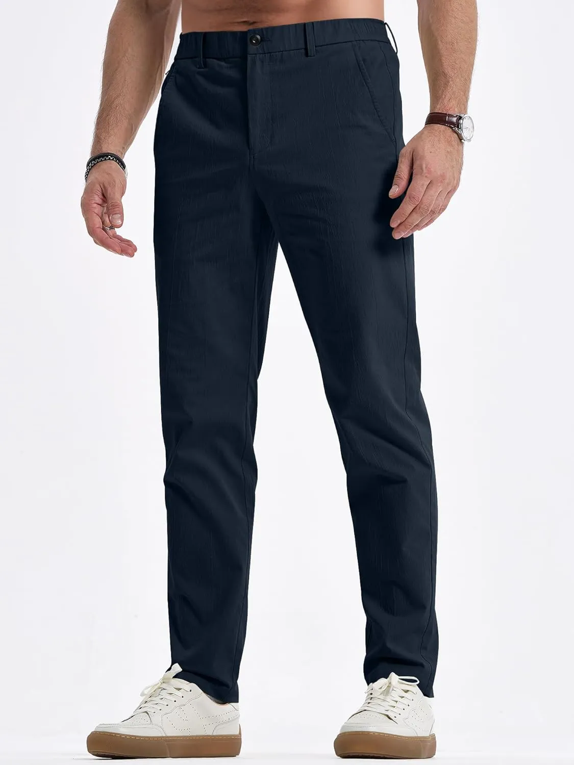 JMIERR Men's Casual Chino Pants Stretch Washed Crinkle 4 Way Textured Pants with Zipper Pockets and Elastic Waistband