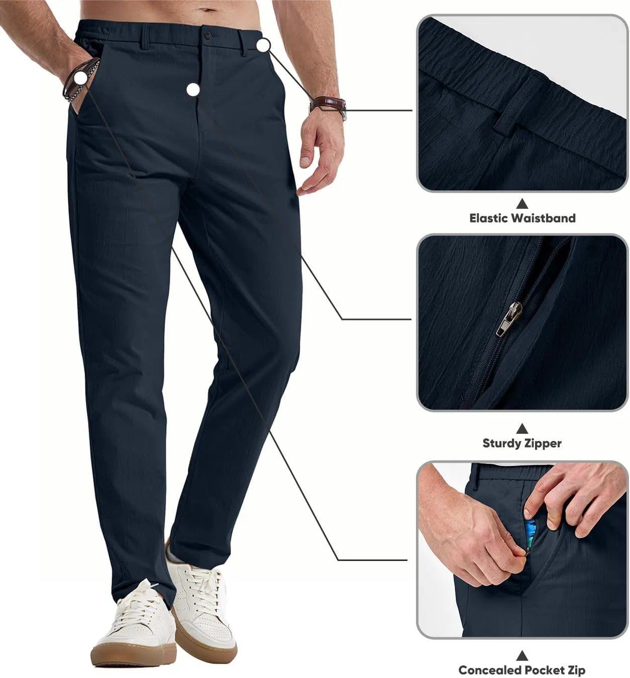 JMIERR Men's Casual Chino Pants Stretch Washed Crinkle 4 Way Textured Pants with Zipper Pockets and Elastic Waistband