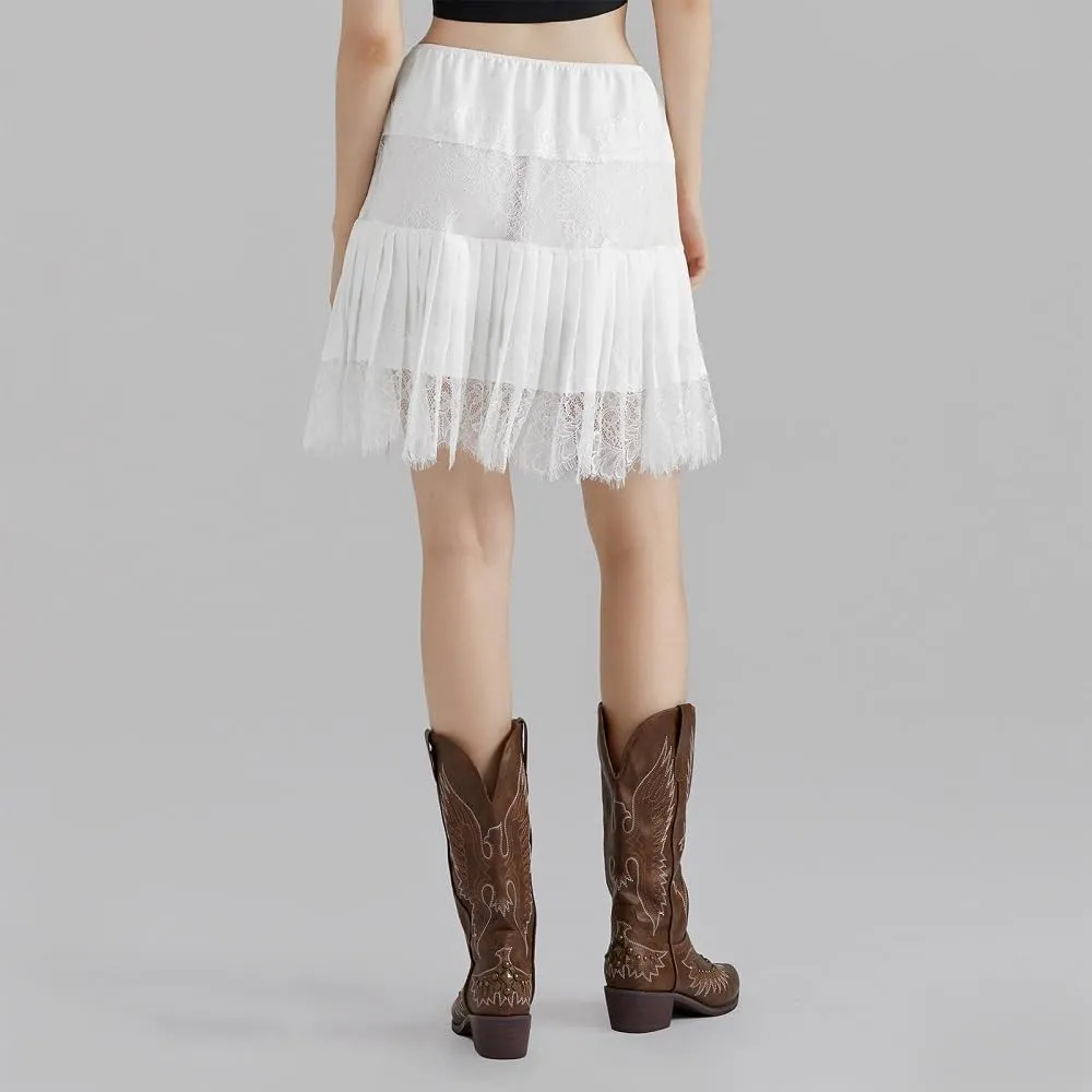 Juakoso Women Y2k Ruffle Mini Skirt Floral Lace Asymmetrical Hem Pleated Skirt Fairycore Sheer Mesh A Line Short Skirts