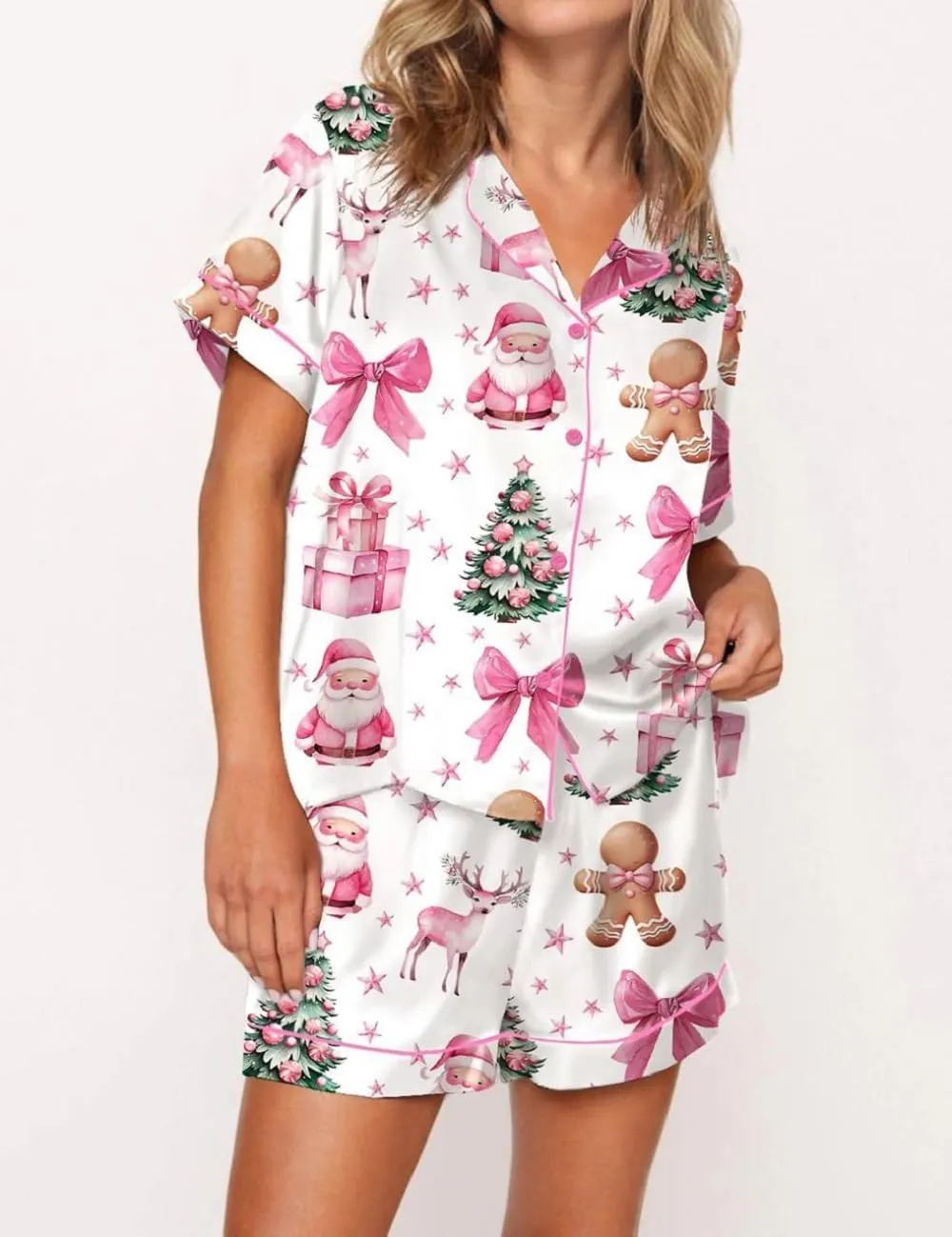 Juakoso Women's Christmas Pajamas - Trendy Print Button Down Lounge Sets - Slik Satin 2 Piece Sets - Y2k Sleepwear Pjs