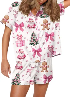Juakoso Women's Christmas Pajamas - Trendy Print Button Down Lounge Sets - Slik Satin 2 Piece Sets - Y2k Sleepwear Pjs