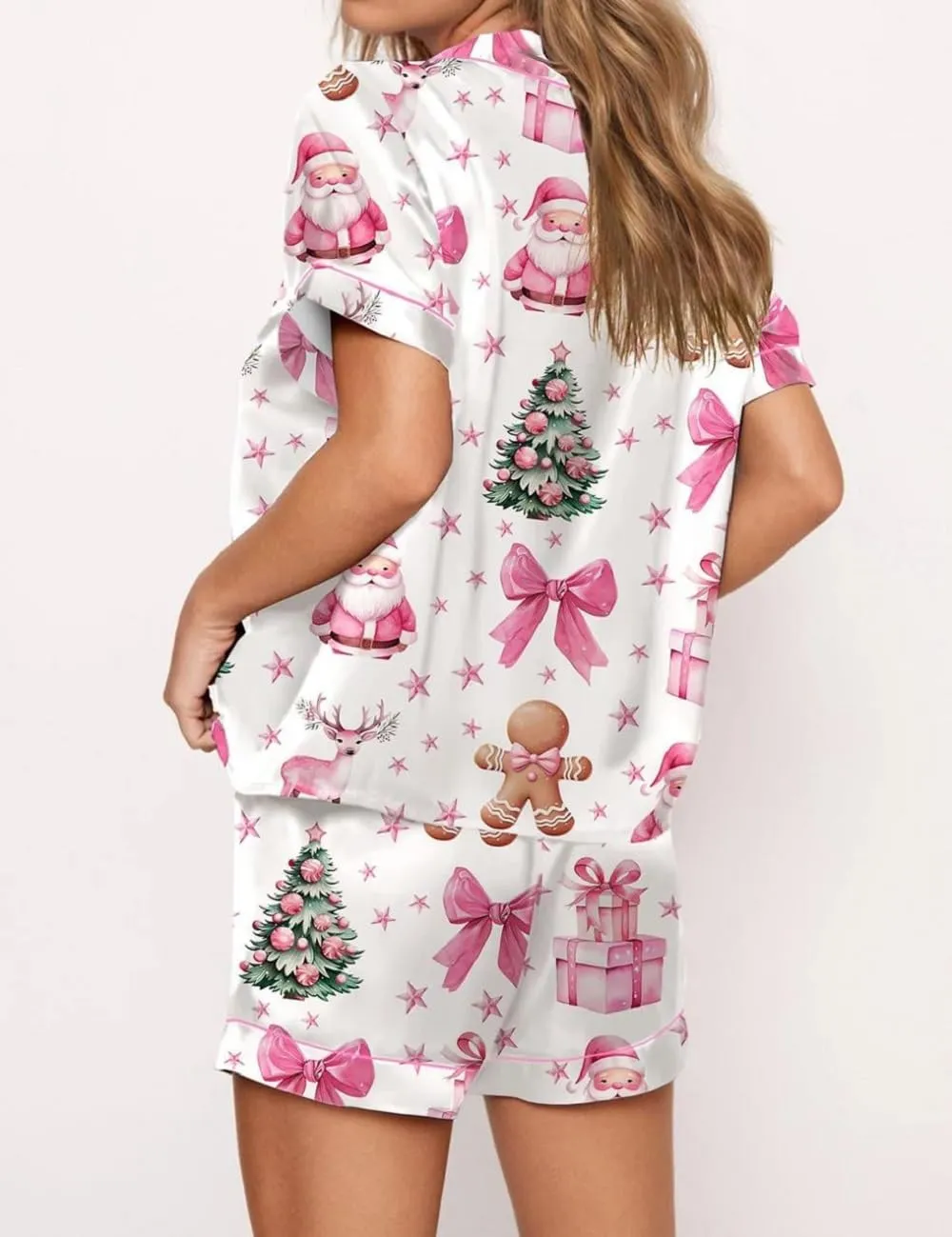 Juakoso Women's Christmas Pajamas - Trendy Print Button Down Lounge Sets - Slik Satin 2 Piece Sets - Y2k Sleepwear Pjs