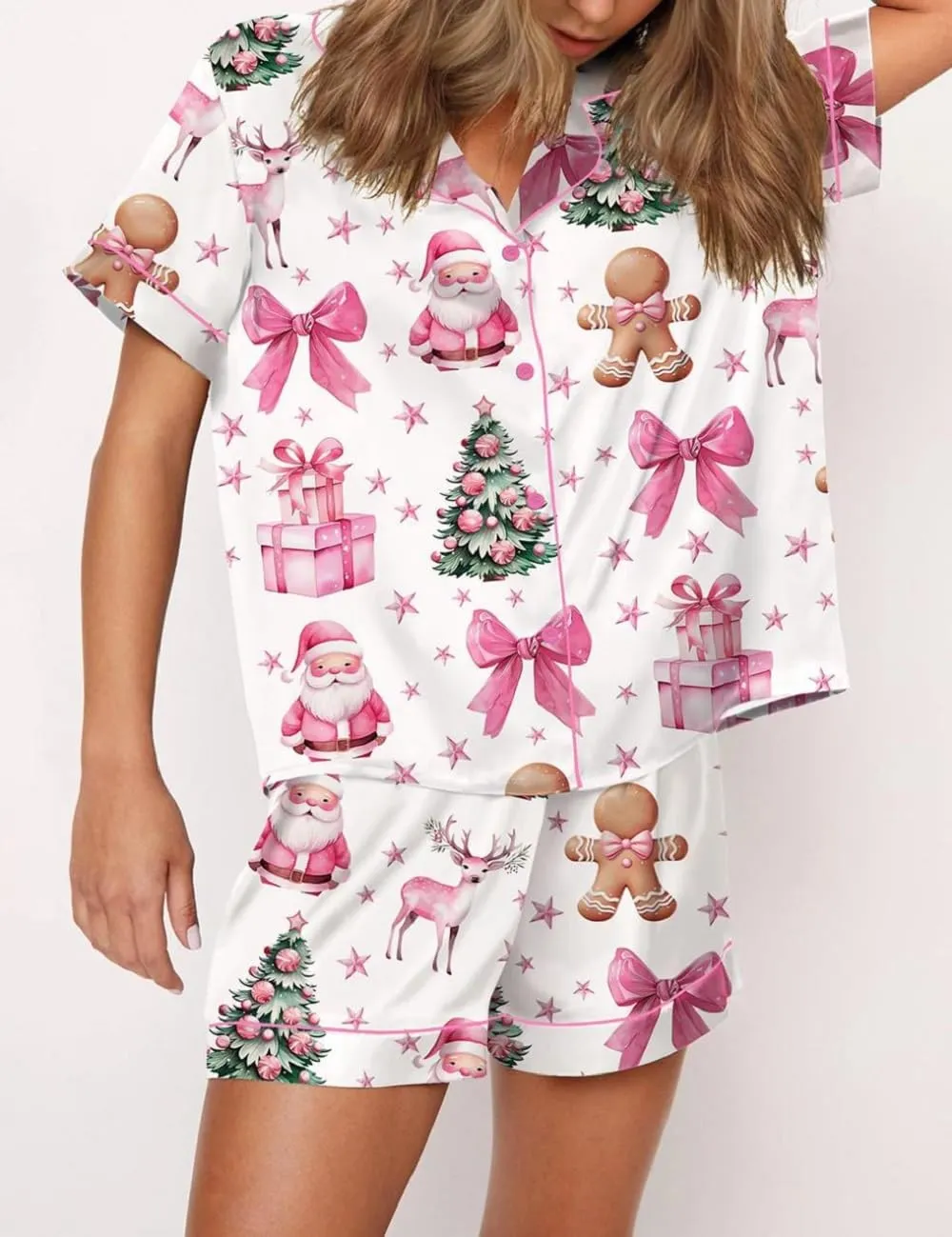 Juakoso Women's Christmas Pajamas - Trendy Print Button Down Lounge Sets - Slik Satin 2 Piece Sets - Y2k Sleepwear Pjs