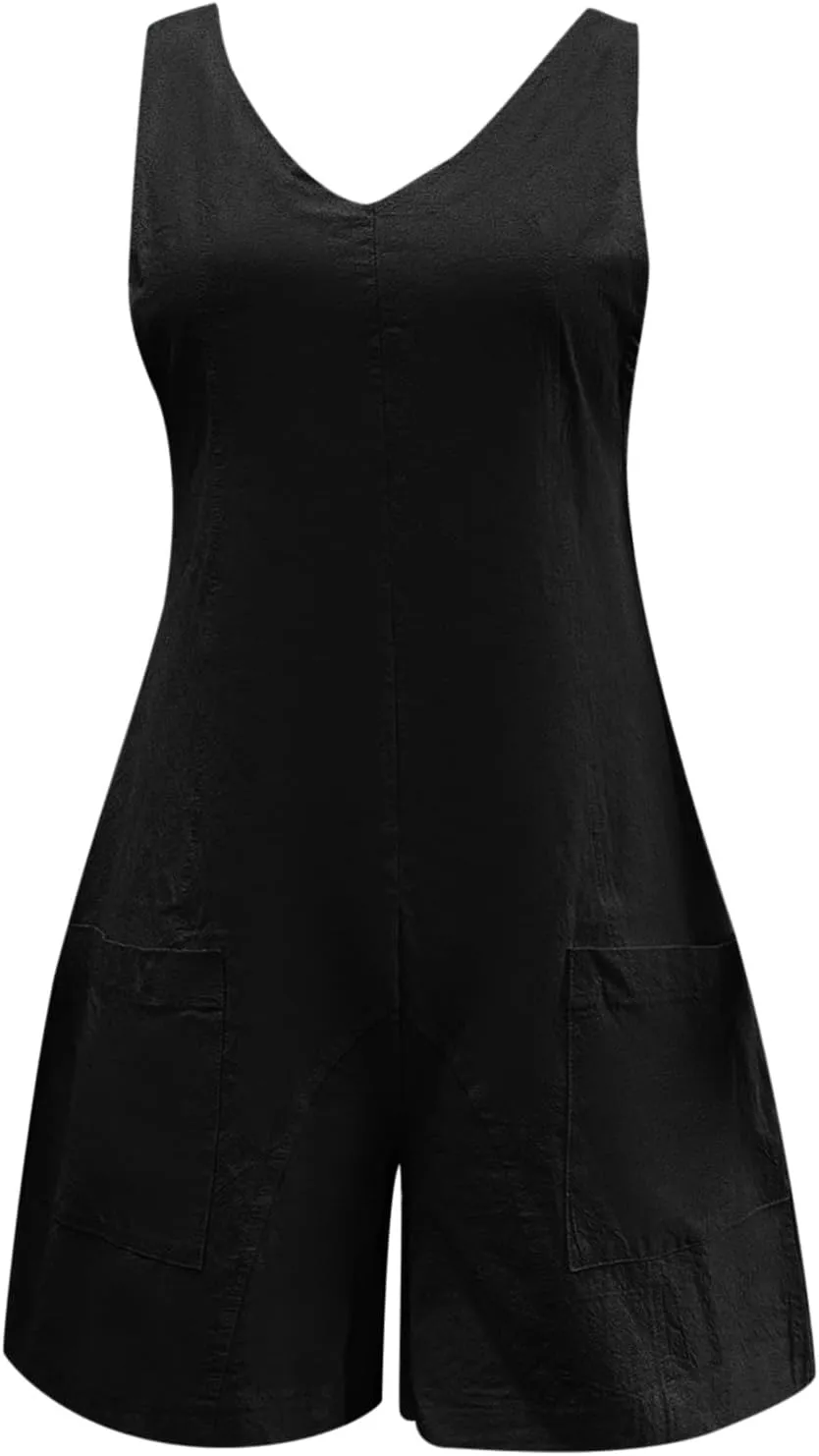Jumpsuits for Women Summer Cotton Linen V Neck Sleeveless Short Dungarees Romper All in One Jumpsuit Beach Vacation Essential