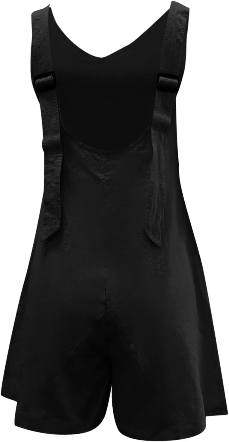 Jumpsuits for Women Summer Cotton Linen V Neck Sleeveless Short Dungarees Romper All in One Jumpsuit Beach Vacation Essential