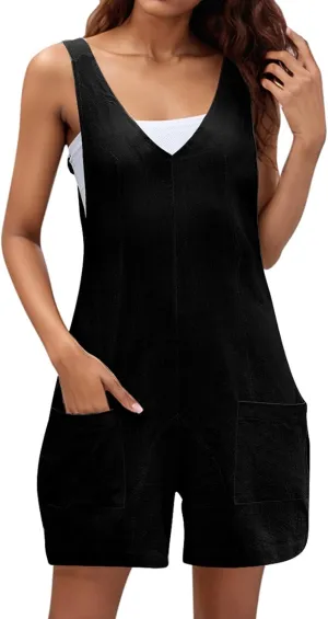 Jumpsuits for Women Summer Cotton Linen V Neck Sleeveless Short Dungarees Romper All in One Jumpsuit Beach Vacation Essential