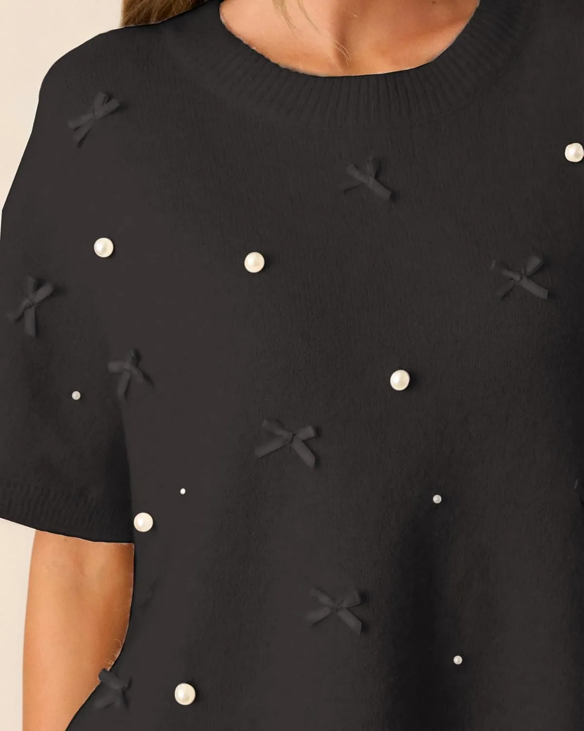 Kedera Womens Short Sleeve Bow Sweater Crewneck Cropped Pearl Top Bow Embellished Top Loose Pullover Thick Knitwear