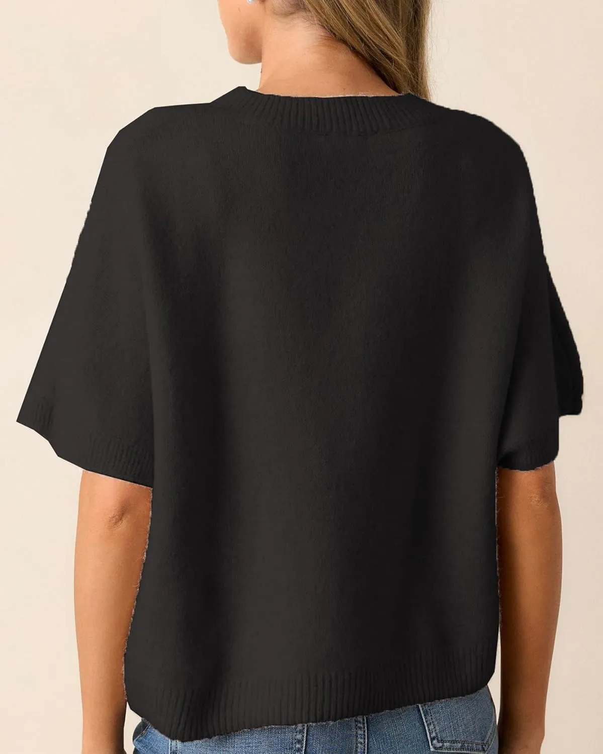 Kedera Womens Short Sleeve Bow Sweater Crewneck Cropped Pearl Top Bow Embellished Top Loose Pullover Thick Knitwear