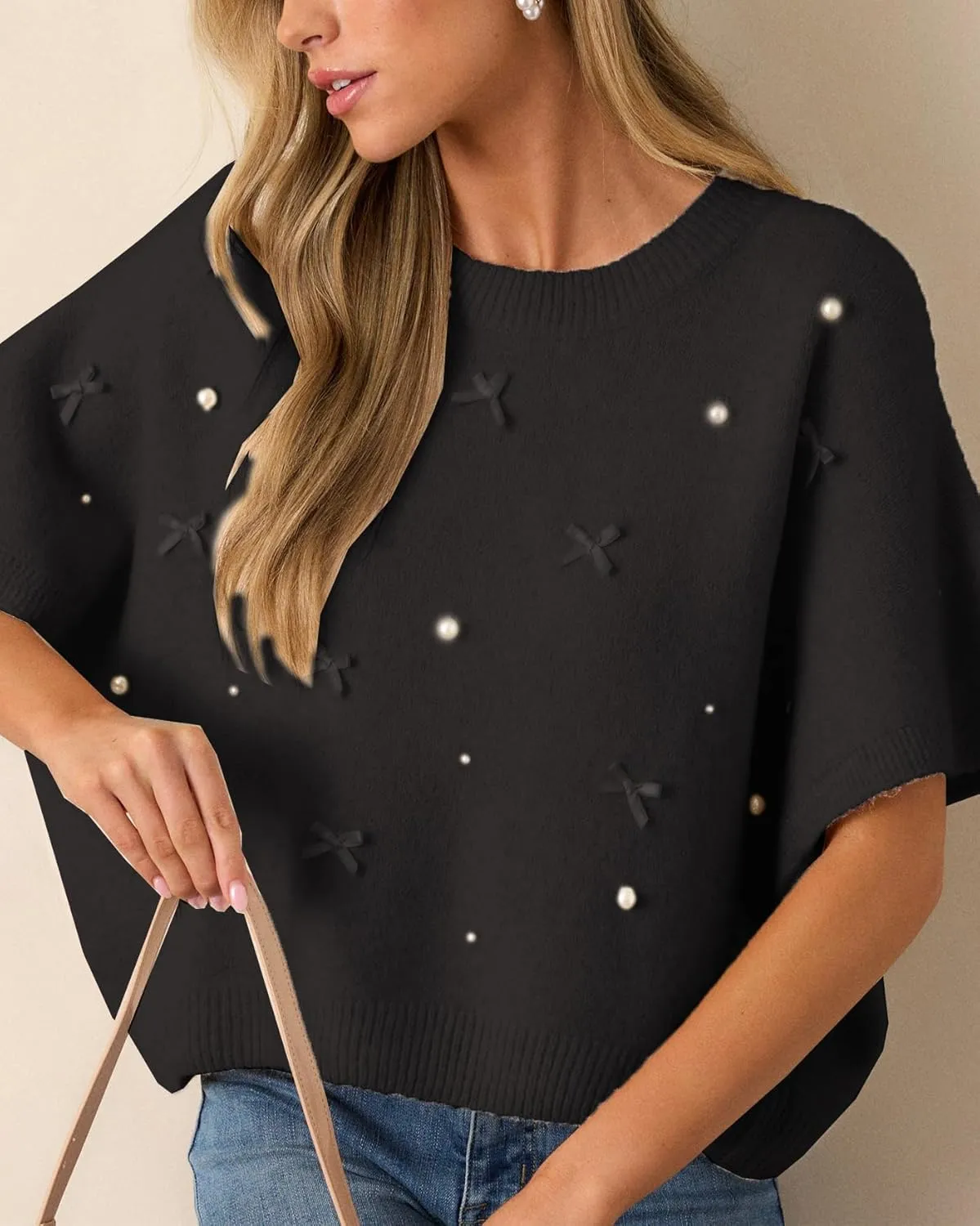 Kedera Womens Short Sleeve Bow Sweater Crewneck Cropped Pearl Top Bow Embellished Top Loose Pullover Thick Knitwear