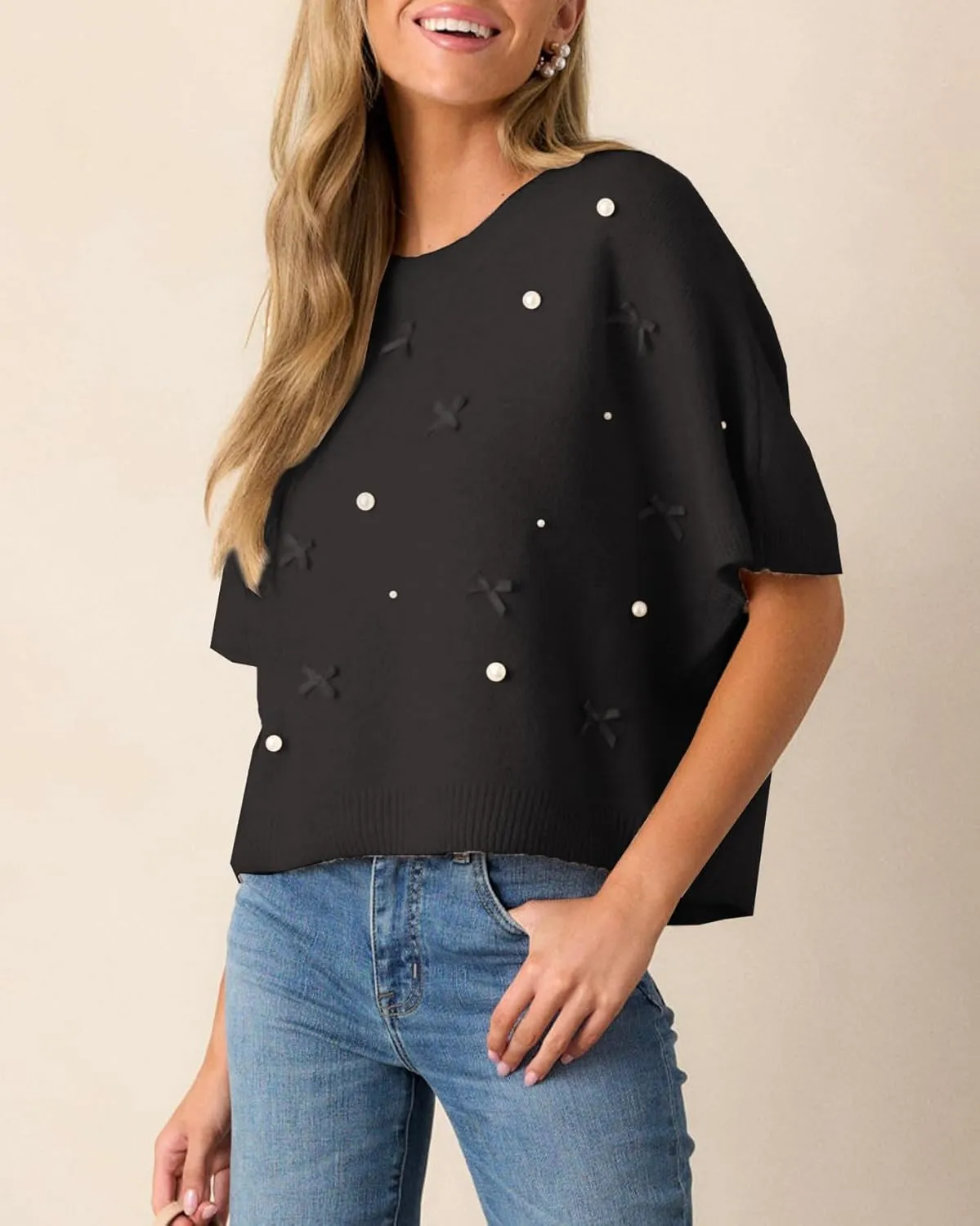 Kedera Womens Short Sleeve Bow Sweater Crewneck Cropped Pearl Top Bow Embellished Top Loose Pullover Thick Knitwear