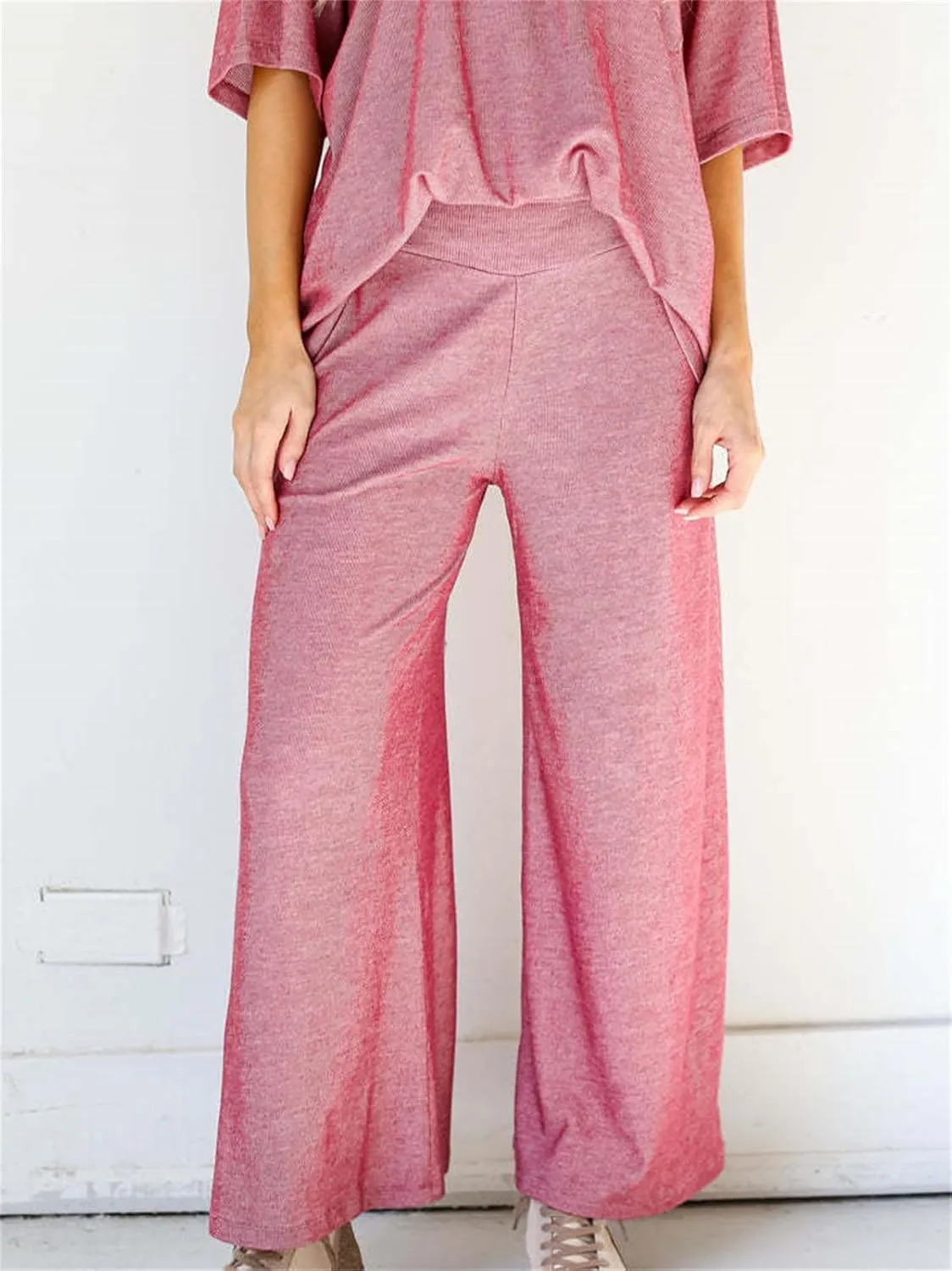 KEOMUD Knit 2 Piece Outfits for Women Casual Lounge Set Half Sleeve V Neck Pullover Tops and High Waist Wide Leg Pants