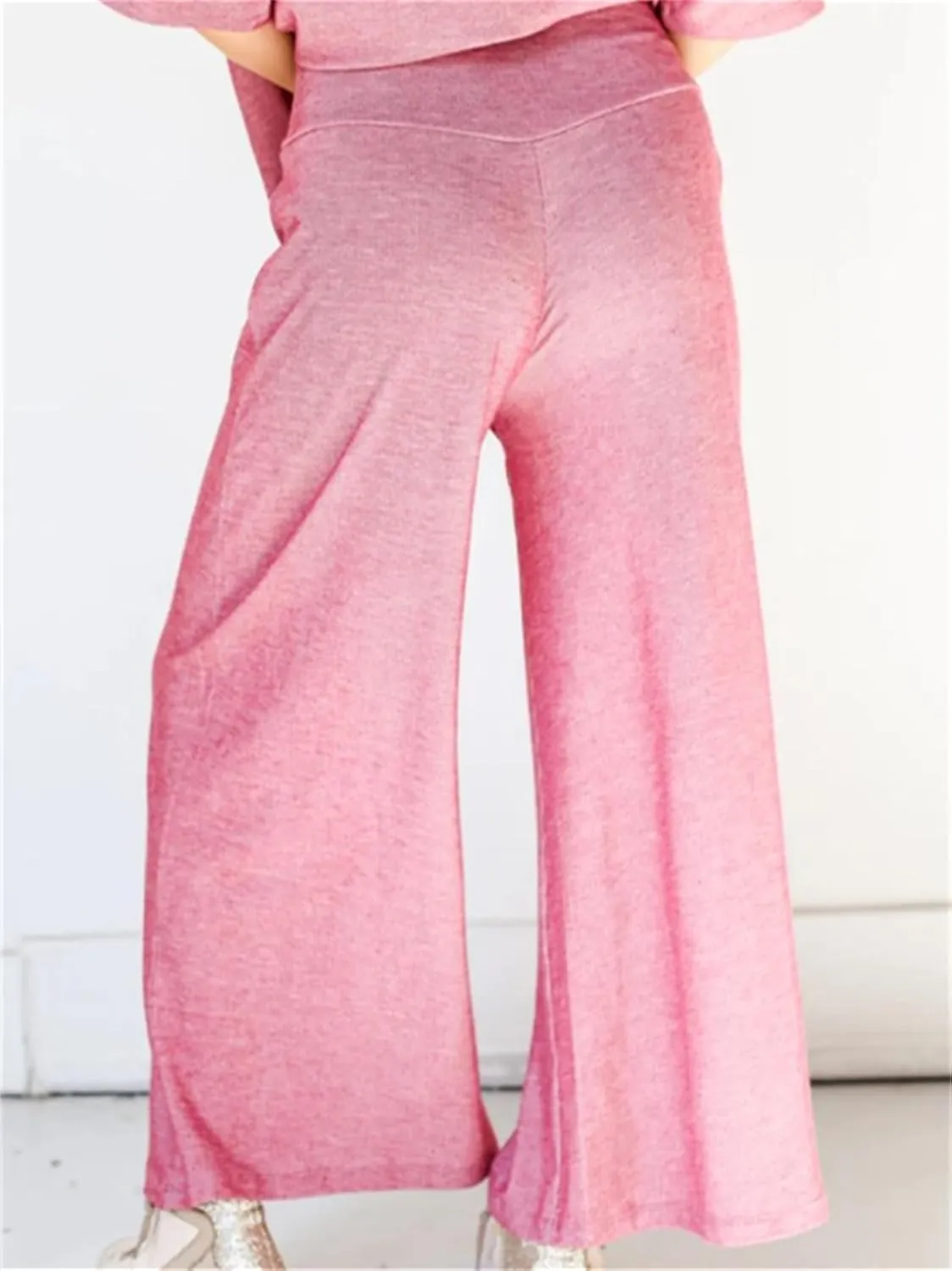 KEOMUD Knit 2 Piece Outfits for Women Casual Lounge Set Half Sleeve V Neck Pullover Tops and High Waist Wide Leg Pants