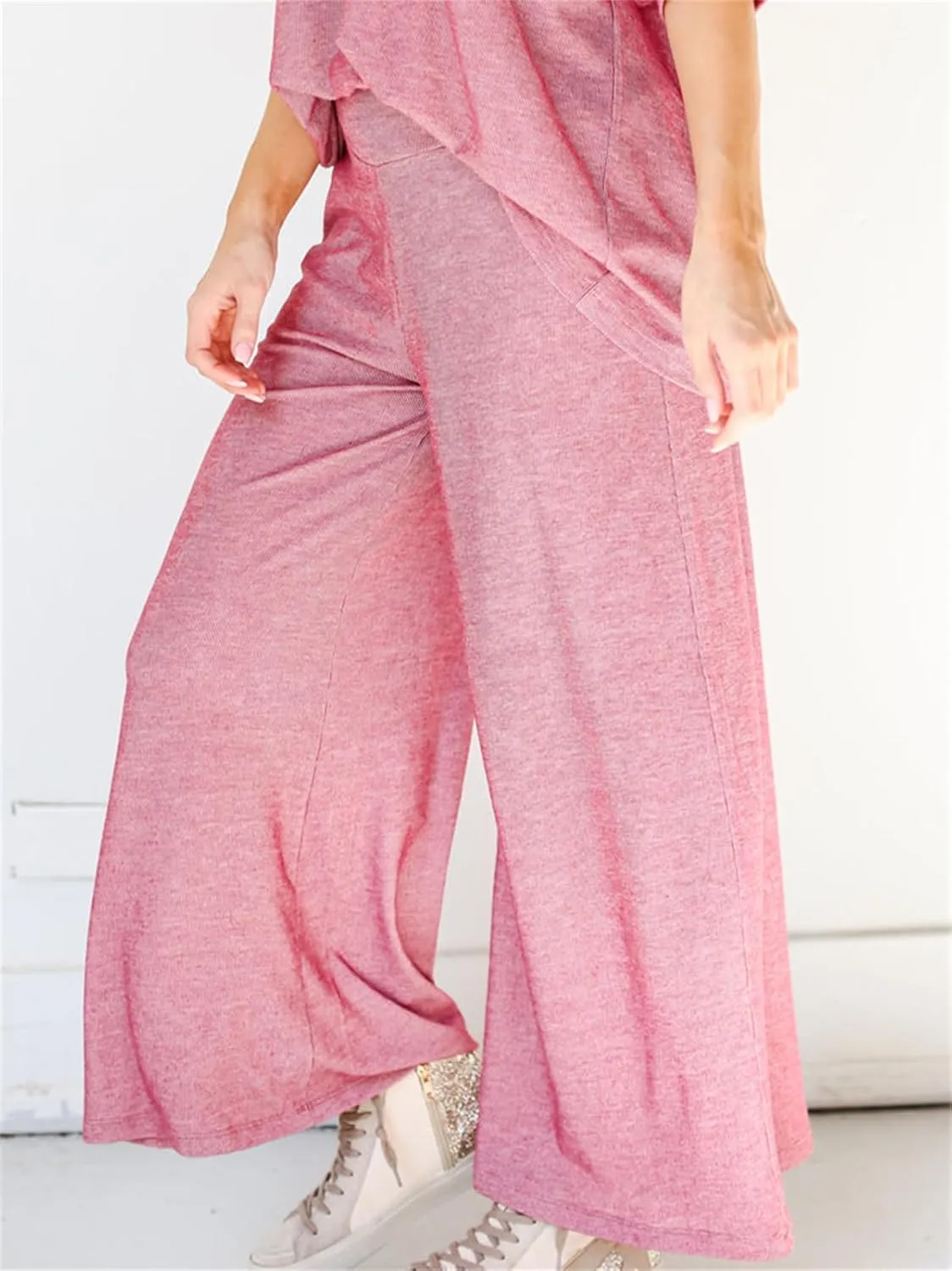 KEOMUD Knit 2 Piece Outfits for Women Casual Lounge Set Half Sleeve V Neck Pullover Tops and High Waist Wide Leg Pants
