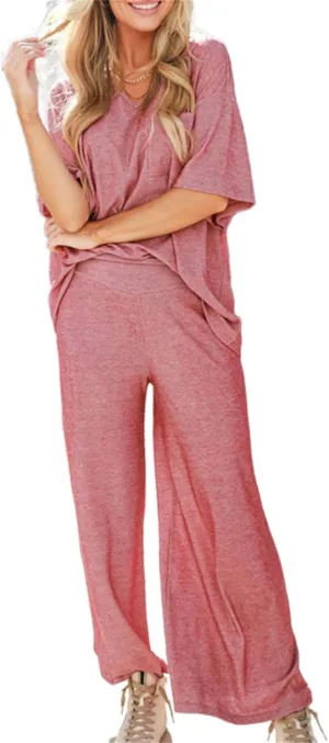 KEOMUD Knit 2 Piece Outfits for Women Casual Lounge Set Half Sleeve V Neck Pullover Tops and High Waist Wide Leg Pants