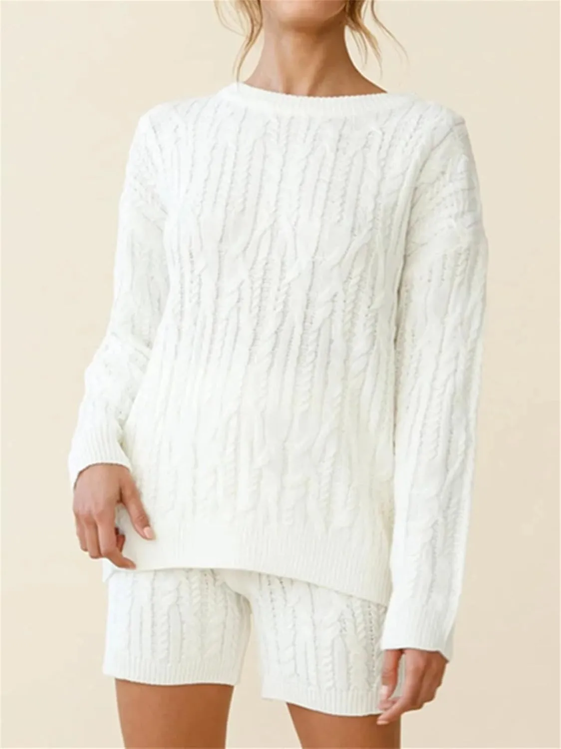 KEOMUD Women's Fall Knit Short Lounge Sets Long Sleeve Cable Chunky Pullovers & Knitted Pants Sweater Sets