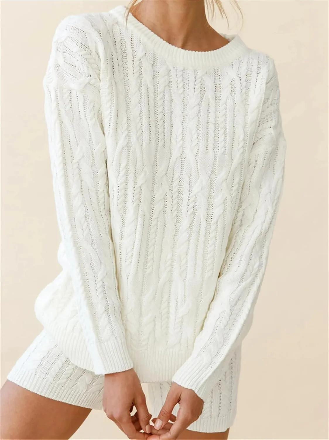 KEOMUD Women's Fall Knit Short Lounge Sets Long Sleeve Cable Chunky Pullovers & Knitted Pants Sweater Sets