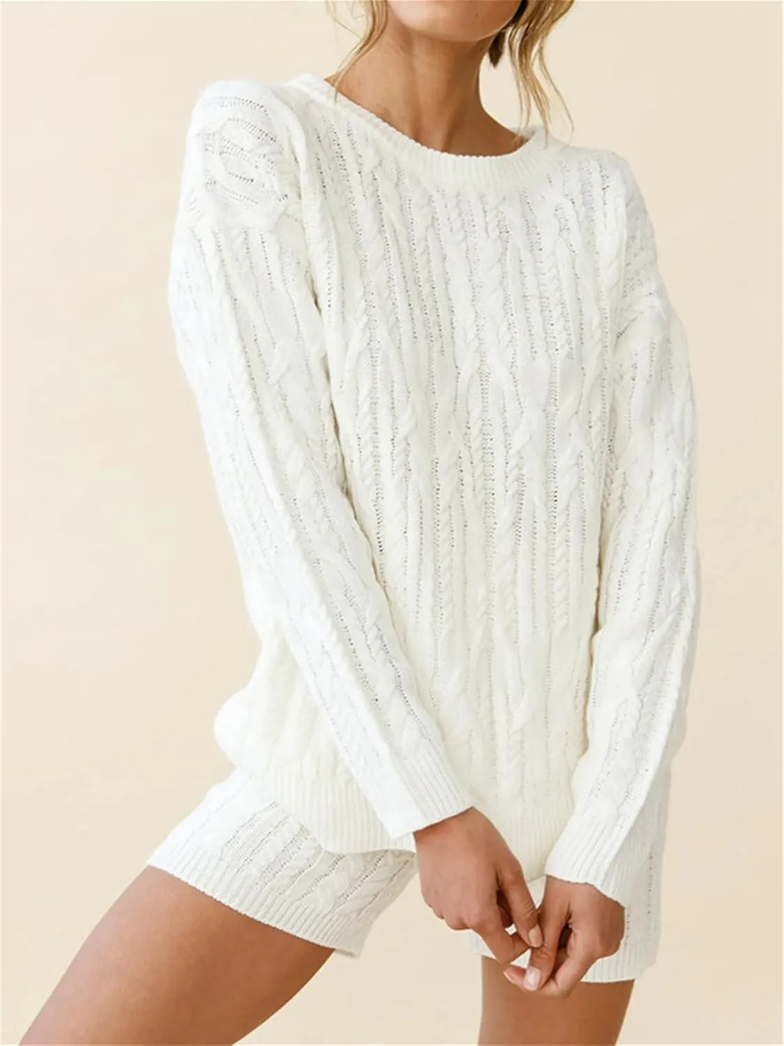 KEOMUD Women's Fall Knit Short Lounge Sets Long Sleeve Cable Chunky Pullovers & Knitted Pants Sweater Sets