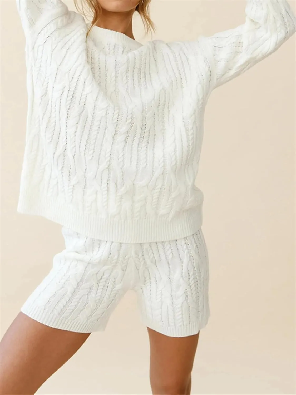 KEOMUD Women's Fall Knit Short Lounge Sets Long Sleeve Cable Chunky Pullovers & Knitted Pants Sweater Sets