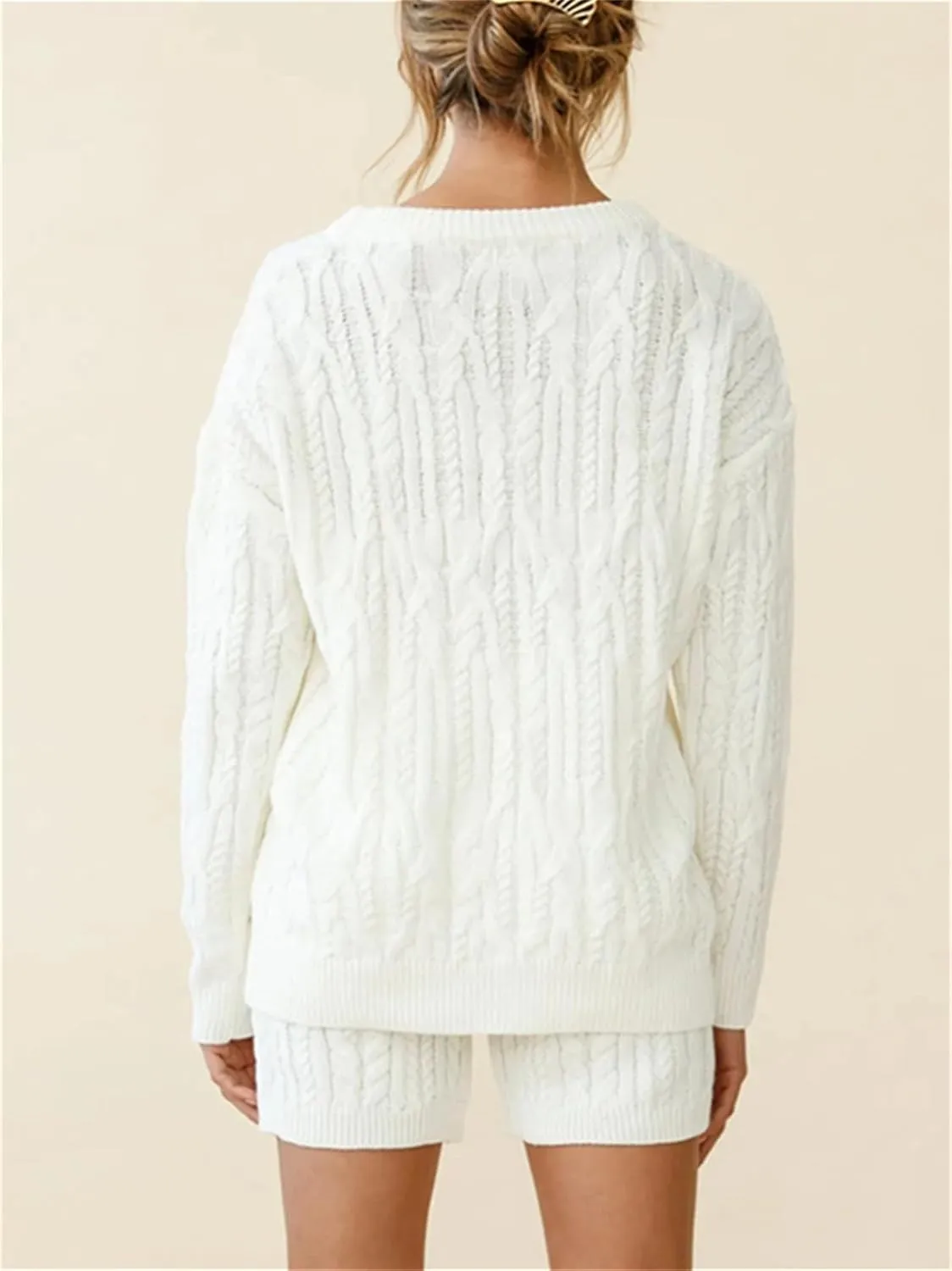 KEOMUD Women's Fall Knit Short Lounge Sets Long Sleeve Cable Chunky Pullovers & Knitted Pants Sweater Sets
