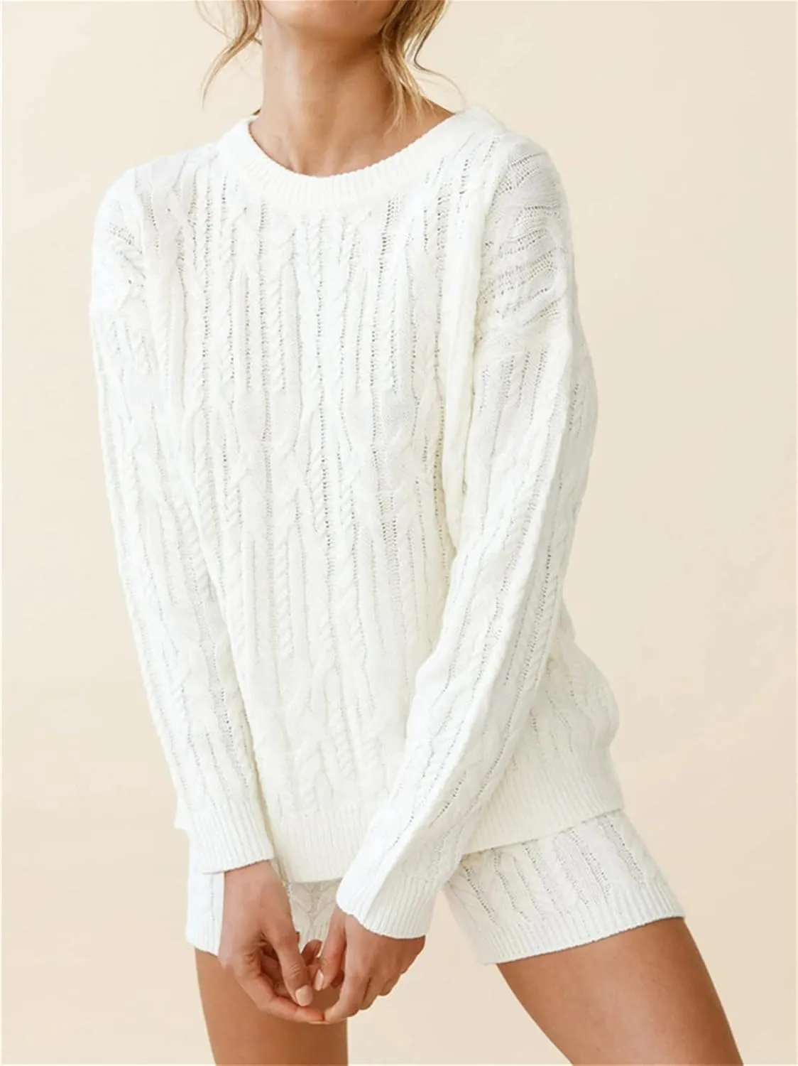 KEOMUD Women's Fall Knit Short Lounge Sets Long Sleeve Cable Chunky Pullovers & Knitted Pants Sweater Sets