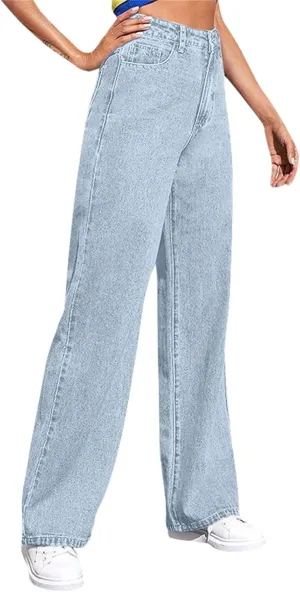 KUIOLYPOER Jeans for Women Wide Leg Jeans Woman Vintage Classic Solid Color High Waisted Straight Stretch Pants with Pockets