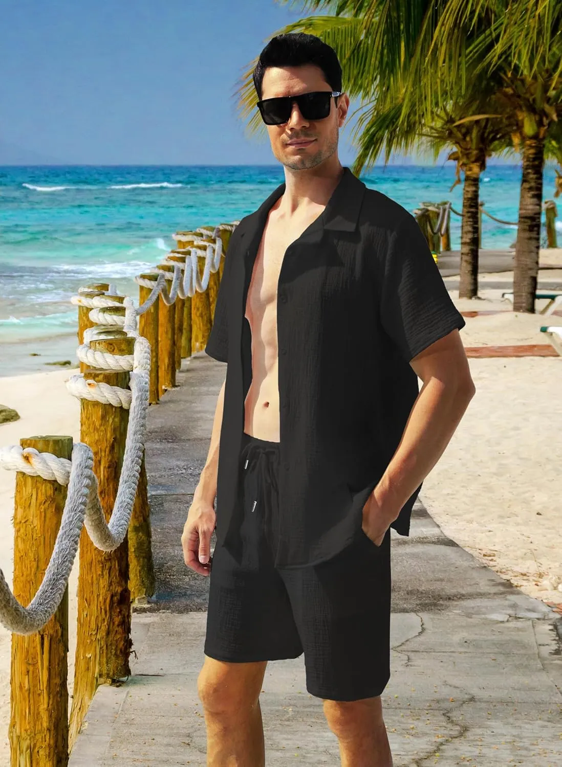 KUYIGO Men's 2 Pieces Beach Outfit Cotton Set Short Sleeve Button Down Shirts Shorts Summer Casual Outfits
