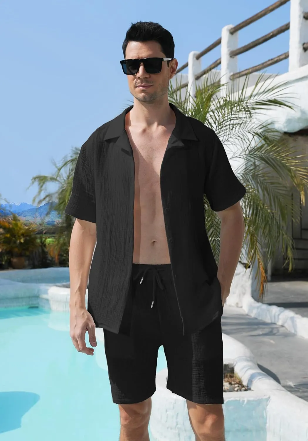 KUYIGO Men's 2 Pieces Beach Outfit Cotton Set Short Sleeve Button Down Shirts Shorts Summer Casual Outfits