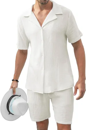 KUYIGO Men's 2 Pieces Beach Outfit Cotton Set Short Sleeve Button Down Shirts Shorts Summer Casual Outfits