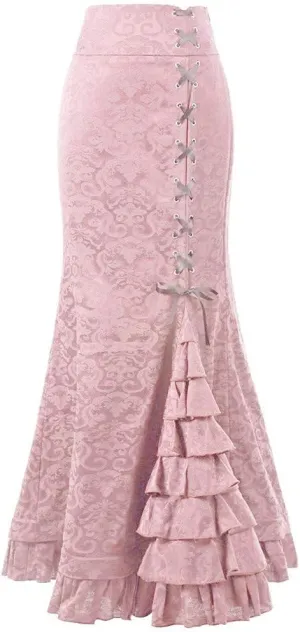 Lace Skirts for Women Maxi Long Side Pencil Skirt Lace Up Tiered Ruffle High Waist Drawstring Retro Valentine's