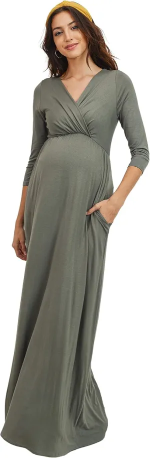 LaClef Women's Wrapped Ruched Maternity Dress with Pocket
