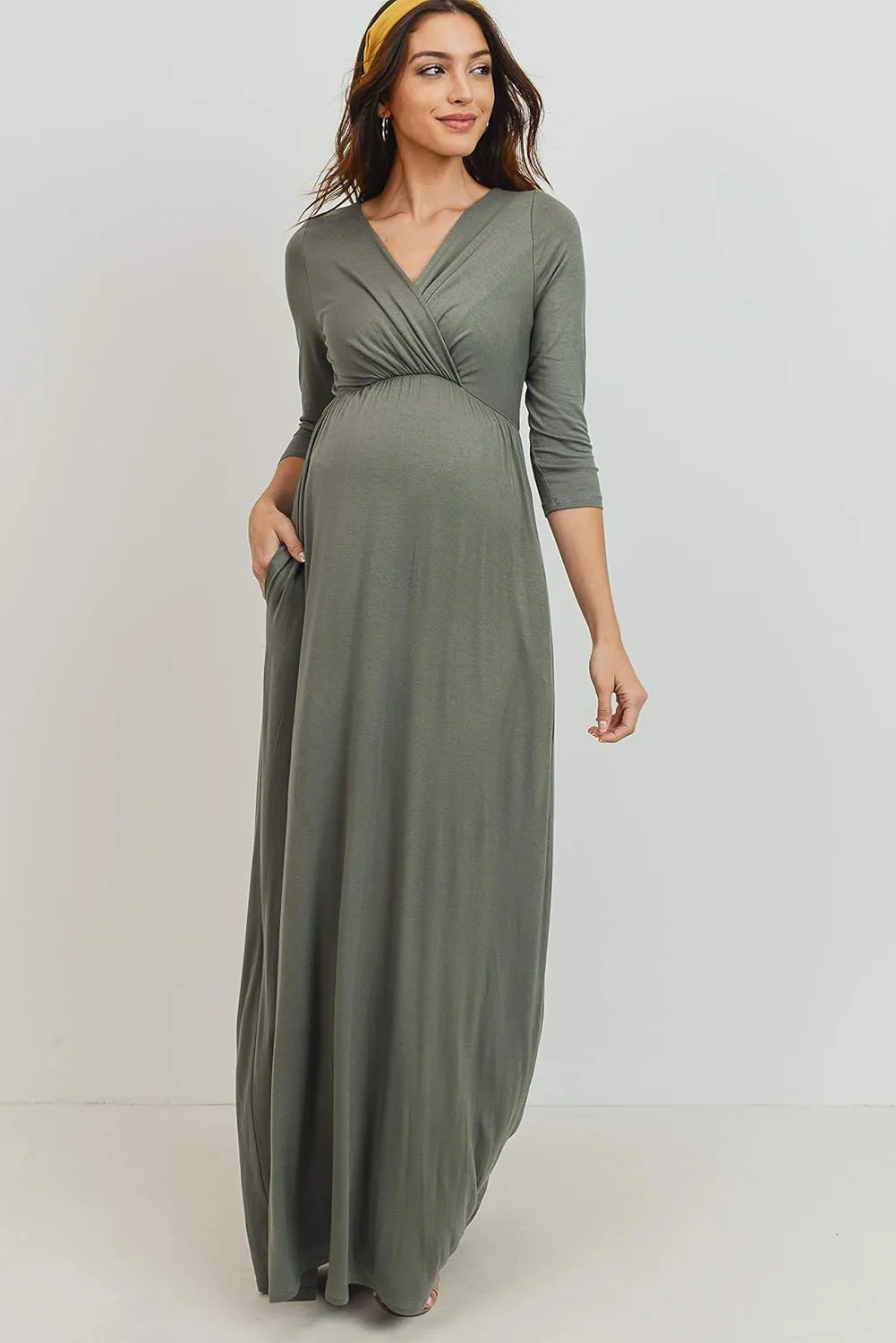 LaClef Women's Wrapped Ruched Maternity Dress with Pocket