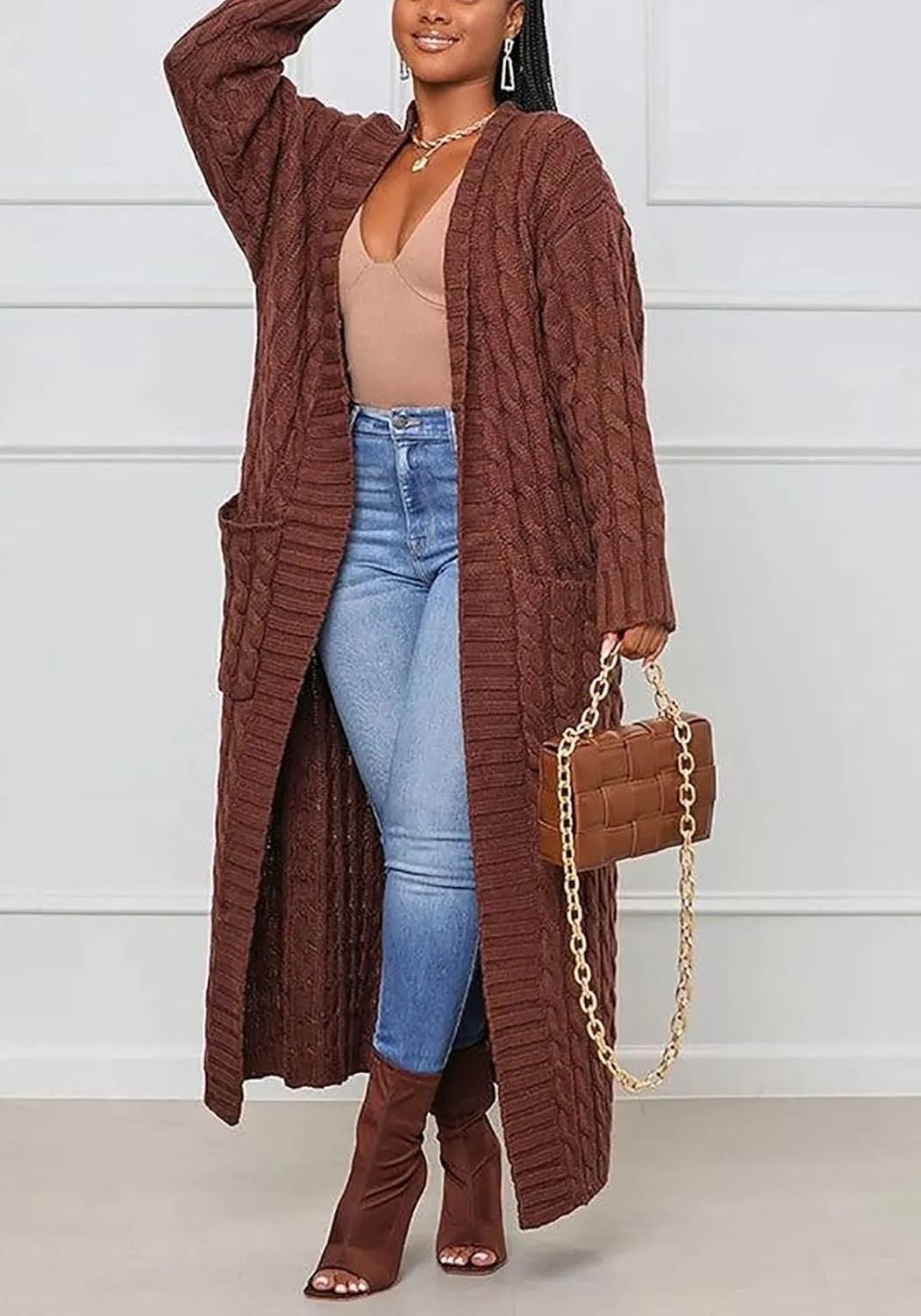 LAJIOJIO Long Cardigan Sweaters for Women Open Front Chunky Waffle Cable Knit Shawl Collar Pockets Knitwear Coat Plus Size