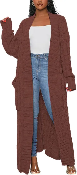 LAJIOJIO Long Cardigan Sweaters for Women Open Front Chunky Waffle Cable Knit Shawl Collar Pockets Knitwear Coat Plus Size