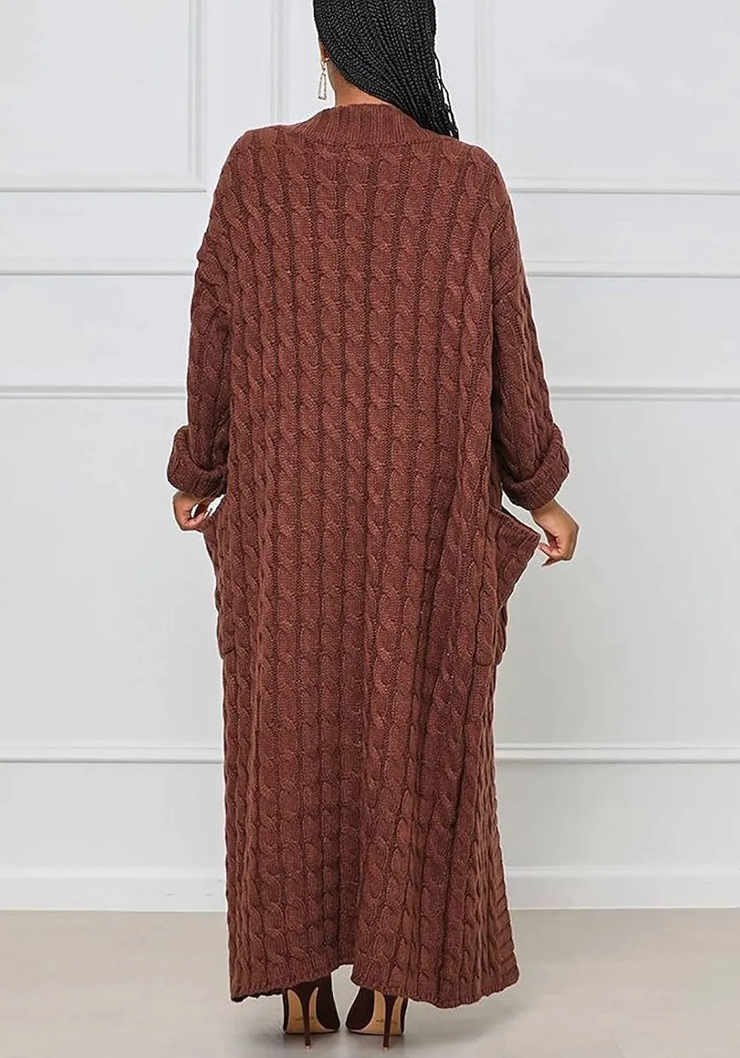 LAJIOJIO Long Cardigan Sweaters for Women Open Front Chunky Waffle Cable Knit Shawl Collar Pockets Knitwear Coat Plus Size