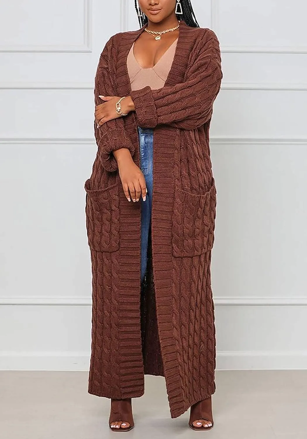 LAJIOJIO Long Cardigan Sweaters for Women Open Front Chunky Waffle Cable Knit Shawl Collar Pockets Knitwear Coat Plus Size