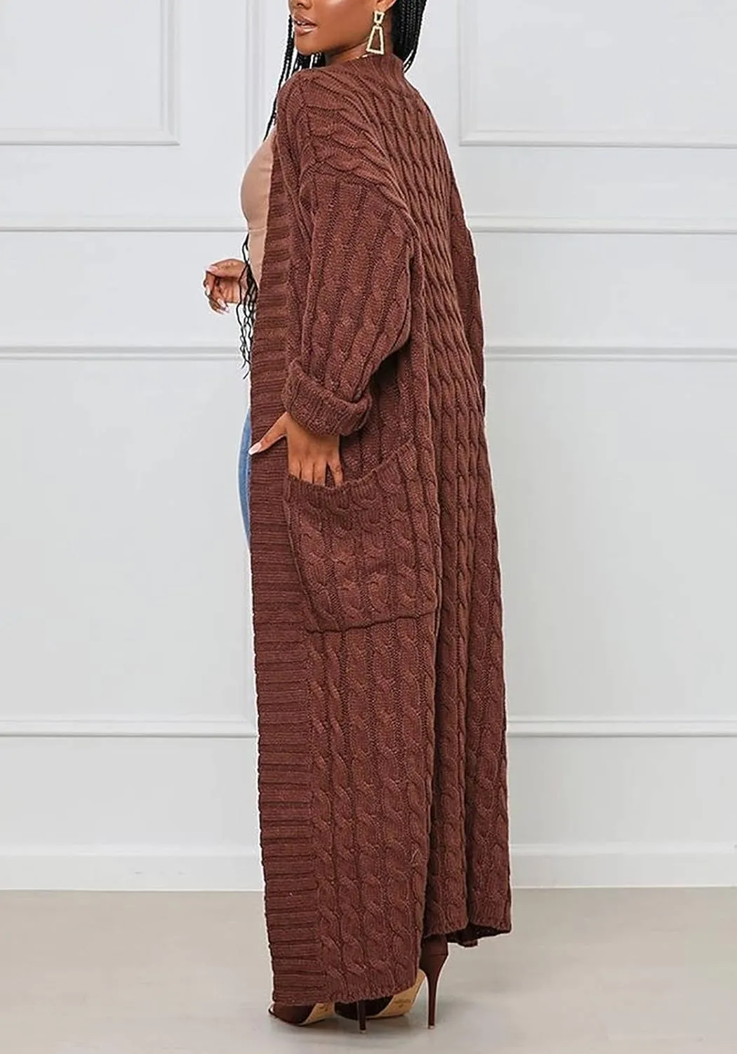 LAJIOJIO Long Cardigan Sweaters for Women Open Front Chunky Waffle Cable Knit Shawl Collar Pockets Knitwear Coat Plus Size
