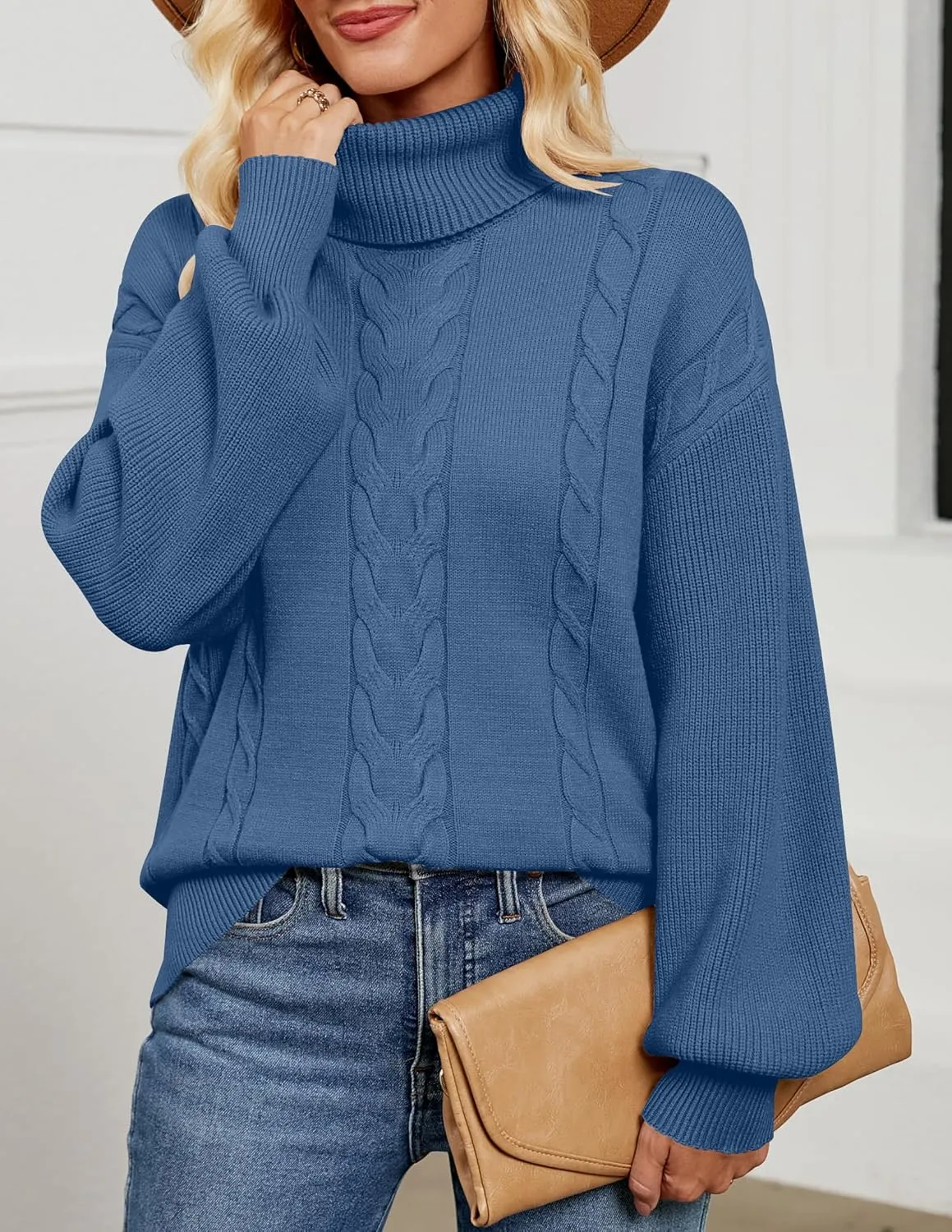 LEANI Women's 2024 Turtleneck Sweater Lantern Long Sleeve Cable Knit Pullover Sweaters Jumper