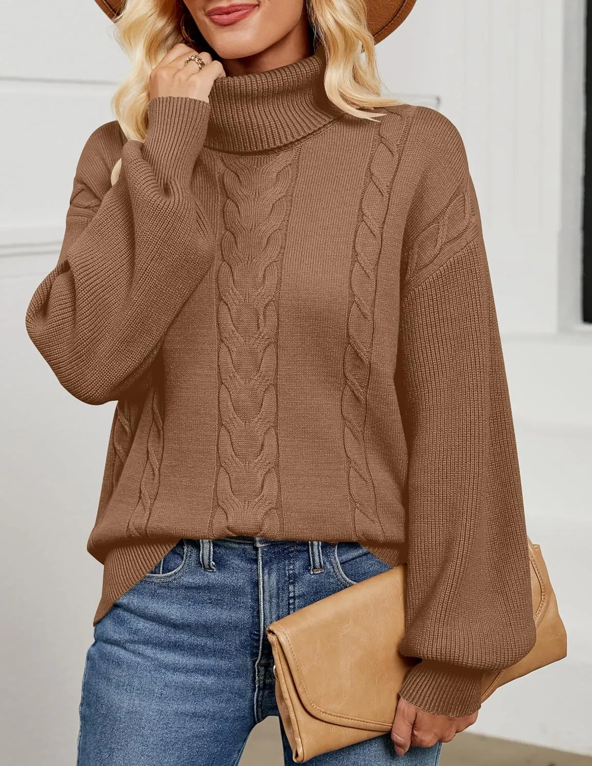 LEANI Women's 2024 Turtleneck Sweater Lantern Long Sleeve Cable Knit Pullover Sweaters Jumper